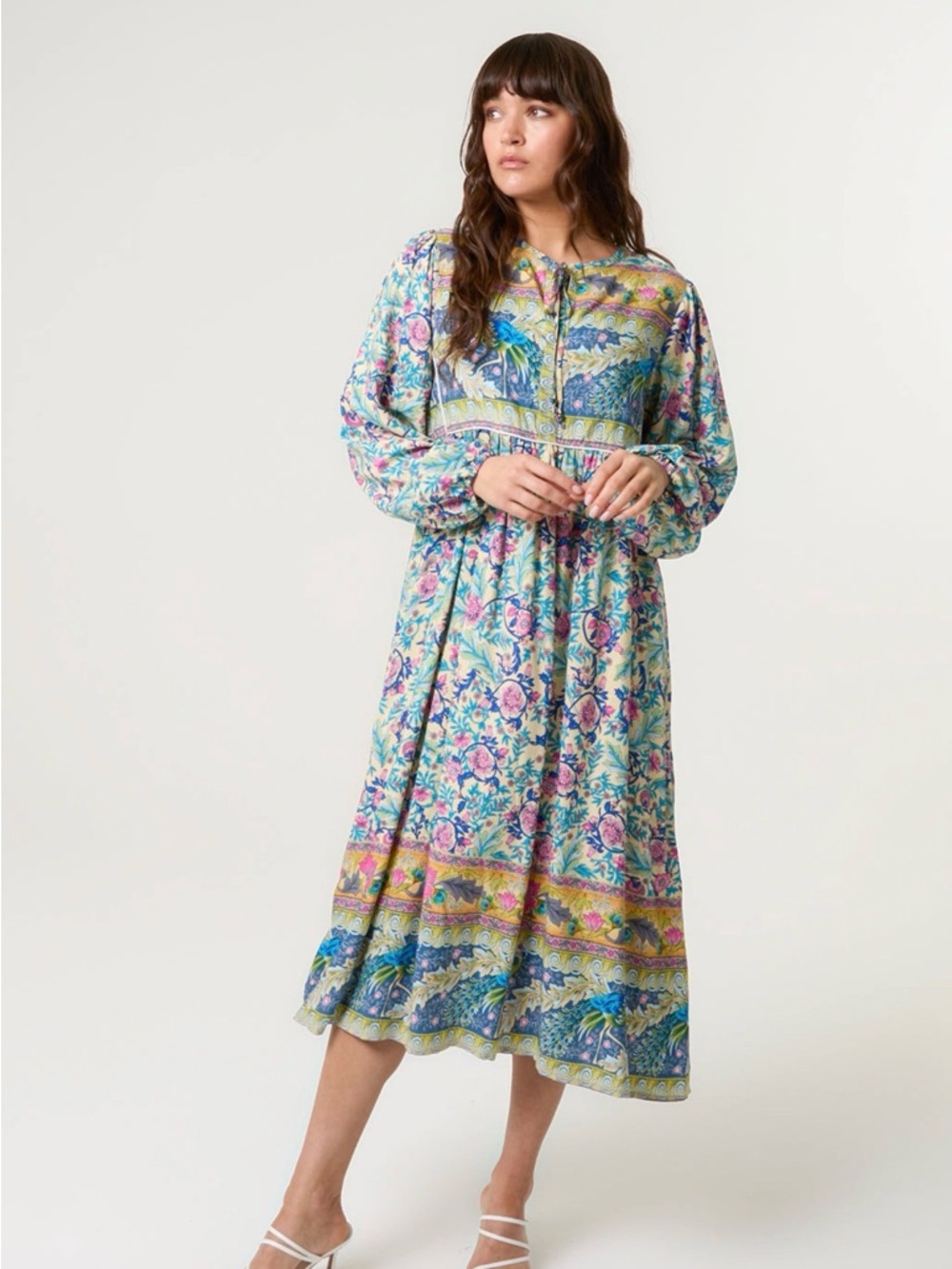 This & That Multicolor Blue Vanilla Boho Tie Front Midi Dress Medium